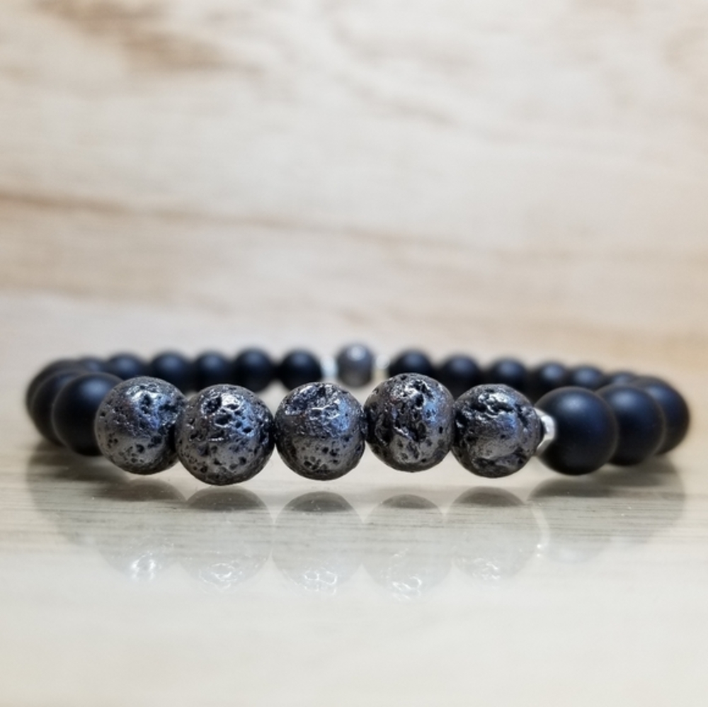 Gun Metal Lava & Black Onyx Beaded Bracelet